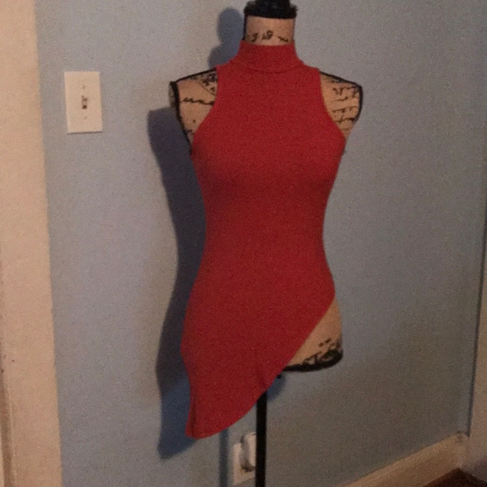 bebe Red Asymmetric Mock Neck Sleeveless Top